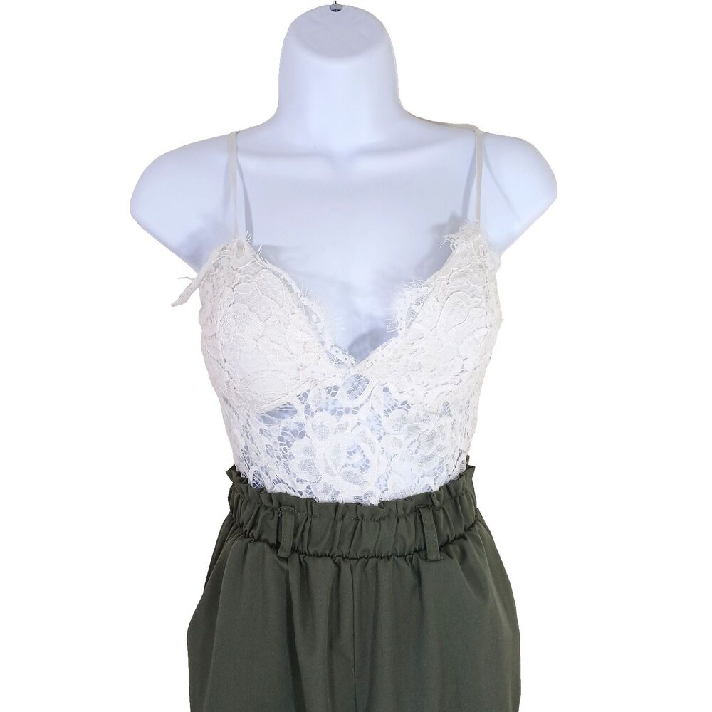 Sleeveless White Lace Top Jumpsuit With Pockets Paper Bag Waist Tall Pull-on M - Picture 1 of 5